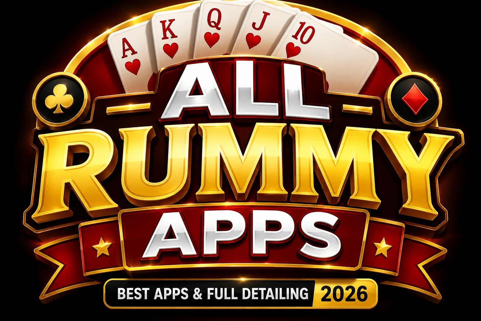 Premium All Rummy Apps logo featuring gold 3D typography with playing cards (Ace, King, Queen, Jack, and 10 of Hearts), club and diamond suit icons, and the tagline "Best Apps & Full Detailing 2026" on a black and red luxury background.