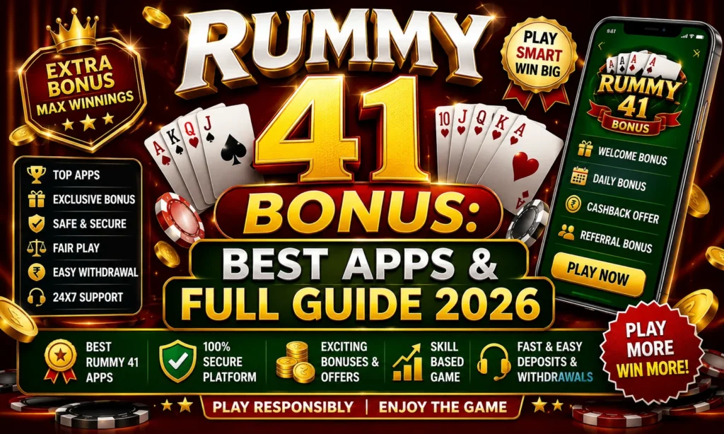 Promotional banner for Rummy 41 Bonus featuring a smartphone displaying the Rummy 41 app, playing cards, poker chips, gold coins, and bonus badges. The design highlights welcome bonuses, daily rewards, cashback offers, referral bonuses, secure gameplay, and the "Best Apps & Full Guide 2026" theme.