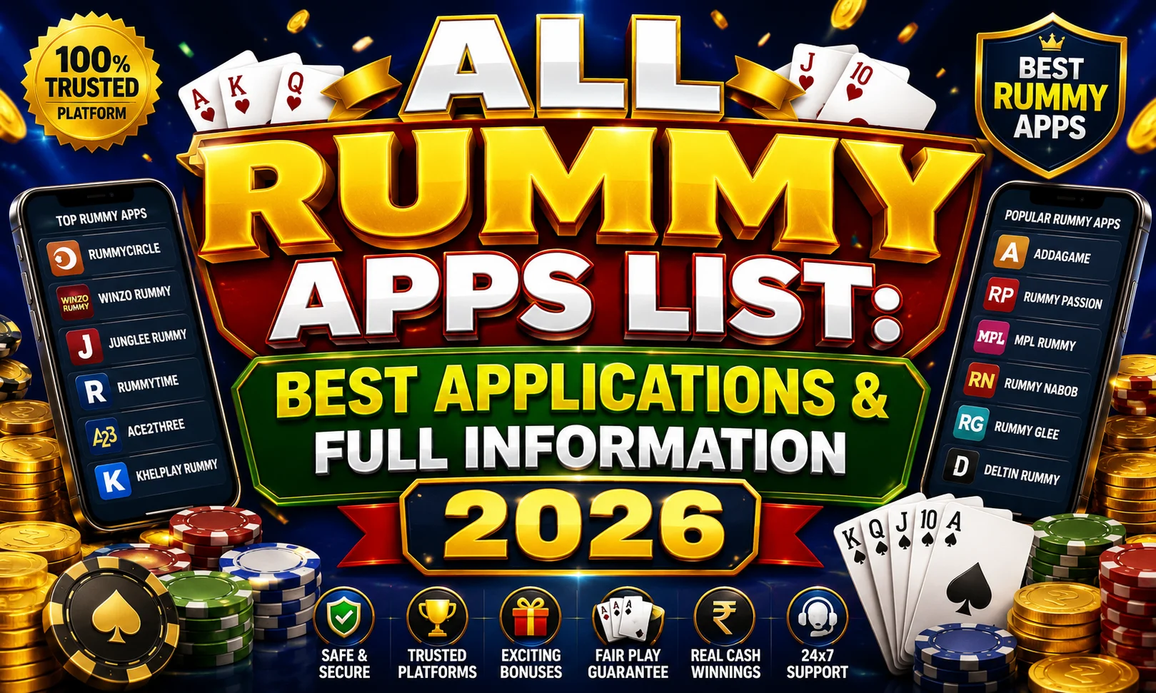 ALL RUMMY APPS LIST: Best Applications & Full Information 2026 promotional banner featuring premium golden typography, playing cards, casino chips, coins, trusted platform badge, popular rummy apps displayed on smartphones, and icons highlighting safe gaming, bonuses, fair play, real cash winnings, and 24x7 customer support.