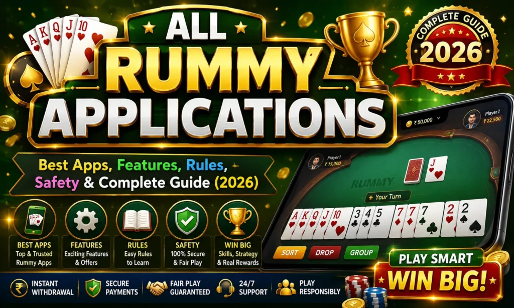 High-quality promotional banner for ALL RUMMY APPLICATIONS: Best Apps, Features, Rules, Safety & Complete Guide (2026) featuring playing cards, gold trophy, mobile rummy game interface, casino chips, coins, and icons representing app features, rules, safety, secure payments, fair play, instant withdrawal, and responsible gaming.
