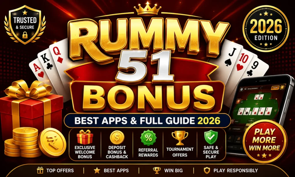 Premium RUMMY 51 BONUS: Best Apps & Full Guide 2026 promotional banner featuring luxurious gold 3D text, playing cards, gift box, gold coins, rupee symbol, mobile rummy game screen, trusted and secure badge, cashback, referral rewards, tournament offers, and safe gaming icons on a premium red and black background.