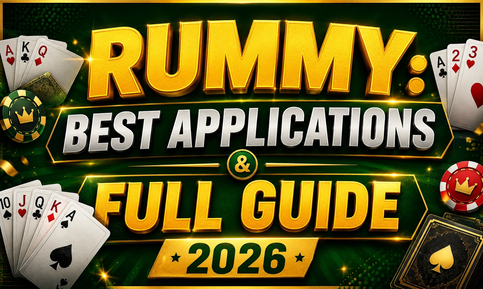 Premium RUMMY: Best Applications & Full Guide 2026 banner featuring luxurious gold 3D typography, playing cards, poker chips, casino elements, and a green premium background designed for a complete Rummy guide.
