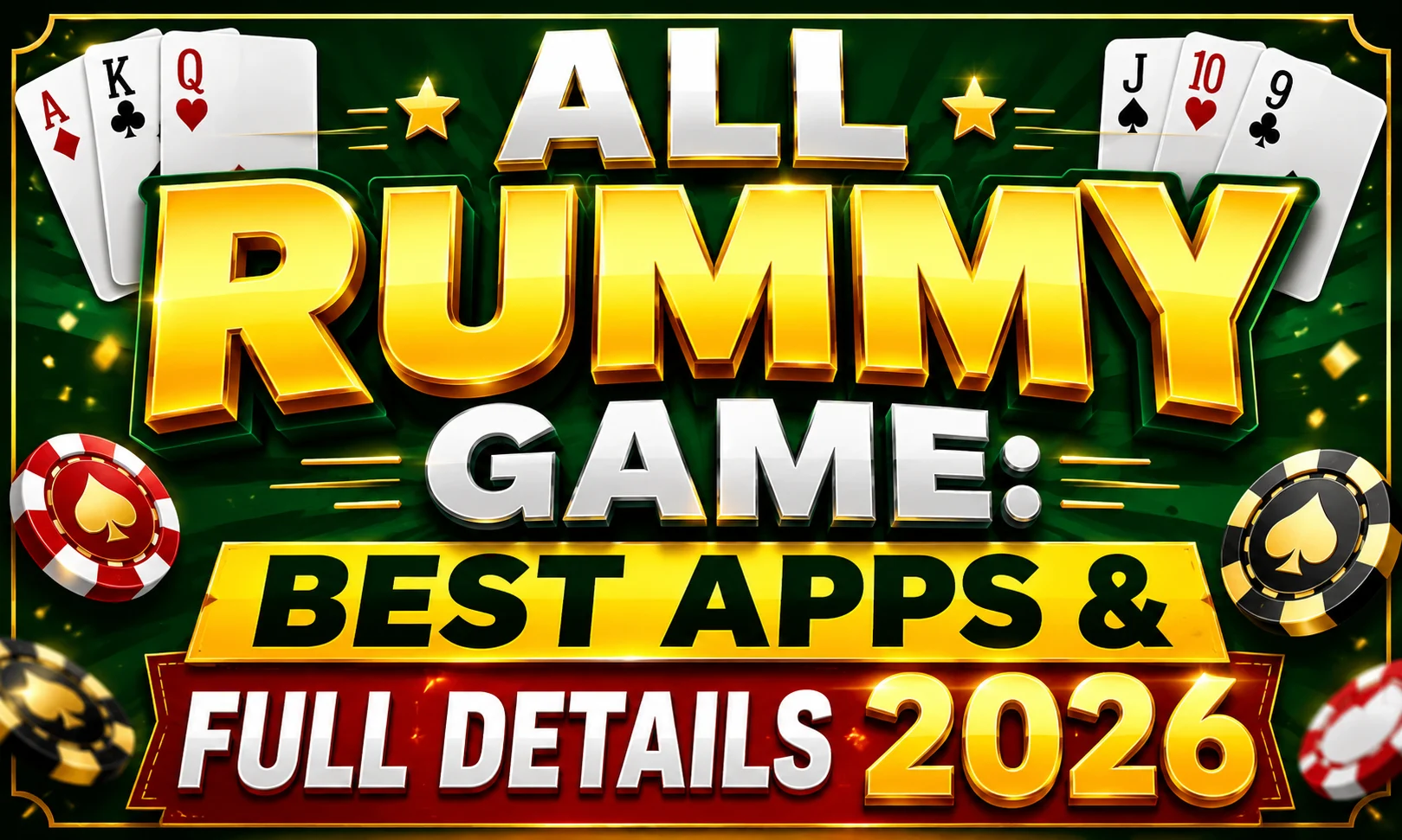 ALL RUMMY GAME: BEST APPS & FULL DETAILS 2026 promotional poster featuring bold golden 3D typography on a dark green casino-style background with playing cards, poker chips, glowing effects, and premium gaming-themed graphics.