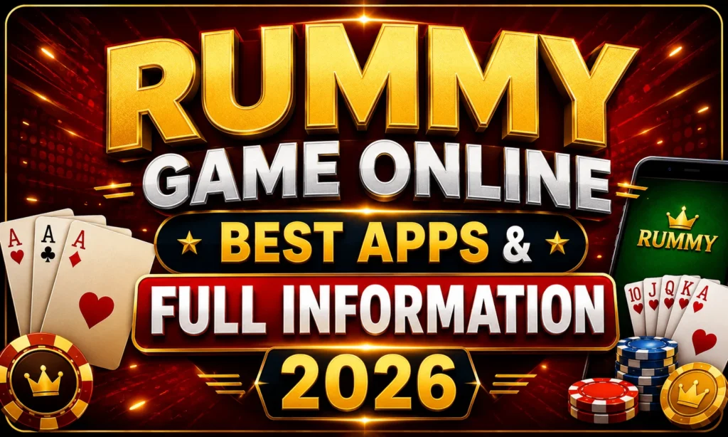 RUMMY GAME ONLINE: BEST APPS & FULL INFORMATION 2026 promotional poster featuring bold 3D gold typography, premium red and black background, playing cards, poker chips, smartphone with a rummy game interface, and a modern casino-inspired design highlighting the ultimate online rummy guide for 2026.