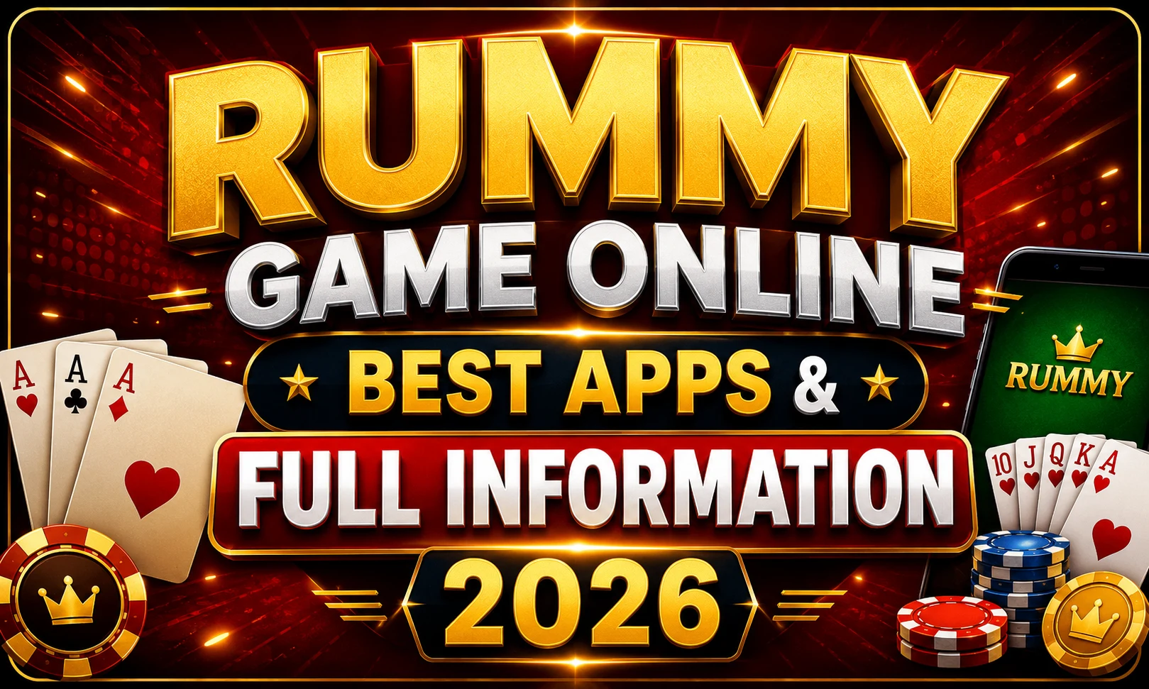 RUMMY GAME ONLINE: BEST APPS & FULL INFORMATION 2026 promotional poster featuring bold 3D gold typography, premium red and black background, playing cards, poker chips, smartphone with a rummy game interface, and a modern casino-inspired design highlighting the ultimate online rummy guide for 2026.