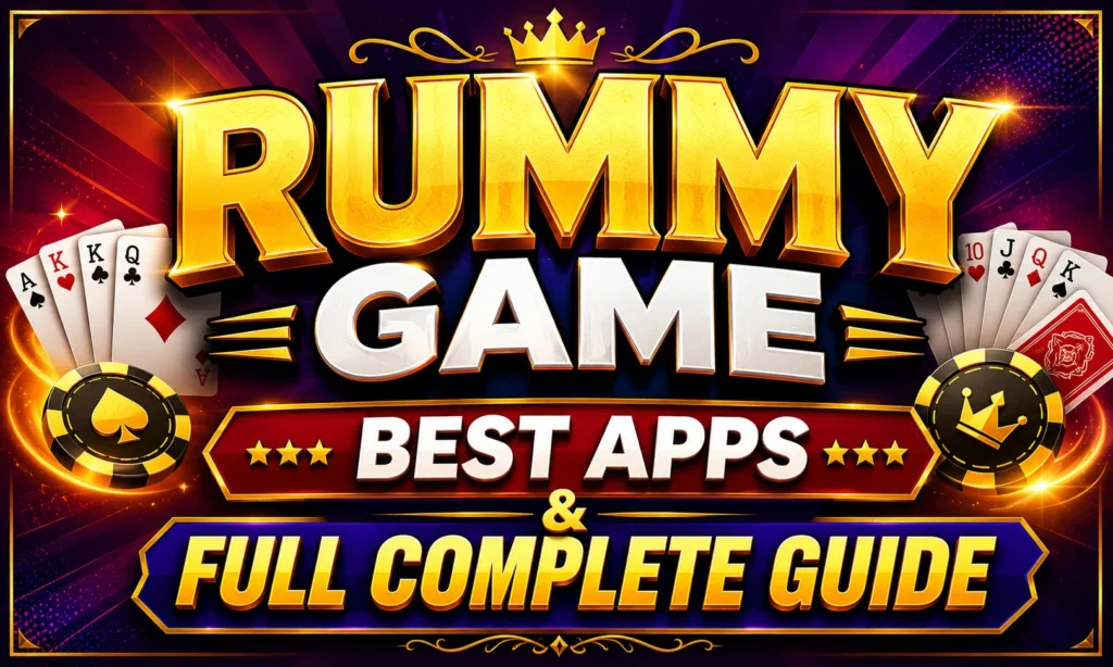 Premium RUMMY GAME promotional poster featuring bold 3D gold typography with the text "RUMMY GAME: BEST APPS & FULL COMPLETE GUIDE", playing cards, poker chips, crown, and a vibrant casino-style background designed for an online rummy guide.