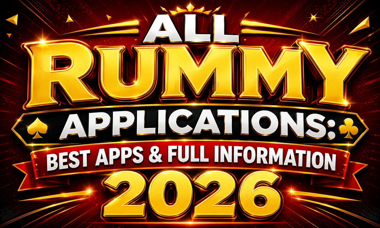 ALL RUMMY APPLICATIONS: BEST APPS & FULL INFORMATION 2026 poster featuring bold 3D gold typography on a vibrant red and black background with glowing effects. The design highlights the title in a premium style, making it suitable as a blog featured image, YouTube thumbnail, or website banner for a comprehensive rummy applications guide.