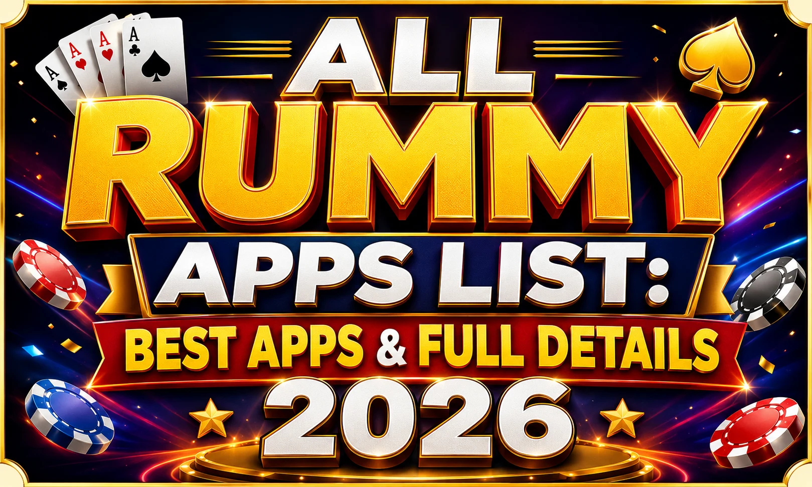 ALL RUMMY APPS LIST: BEST APPS & FULL DETAILS 2026 premium poster featuring bold 3D gold typography, vibrant gaming background, playing cards, casino chips, and a modern promotional design showcasing the ultimate online rummy apps guide for 2026.