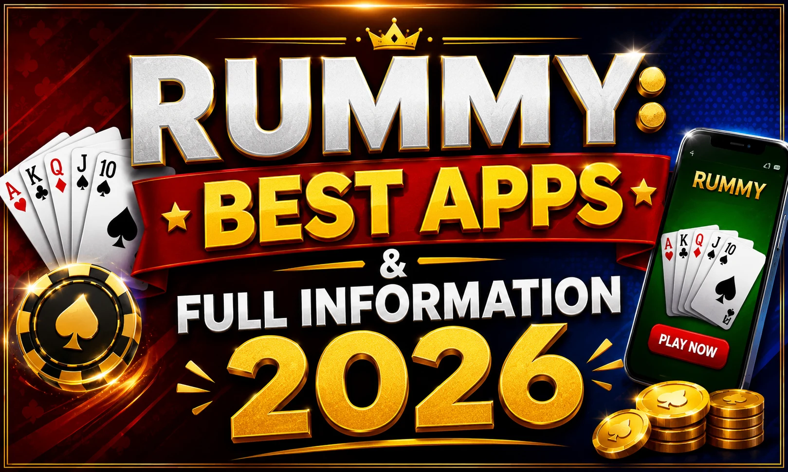 RUMMY: BEST APPS & FULL INFORMATION 2026 promotional poster featuring premium gold typography, playing cards, poker chips, smartphone with rummy game screen, and a modern casino-style background.