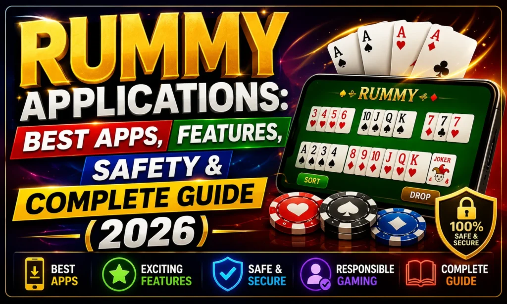 Rummy Applications: Best Apps, Features, Safety & Complete Guide (2026) promotional poster featuring premium 3D typography, smartphone displaying a rummy game, playing cards, casino chips, security shield, and colorful feature icons.