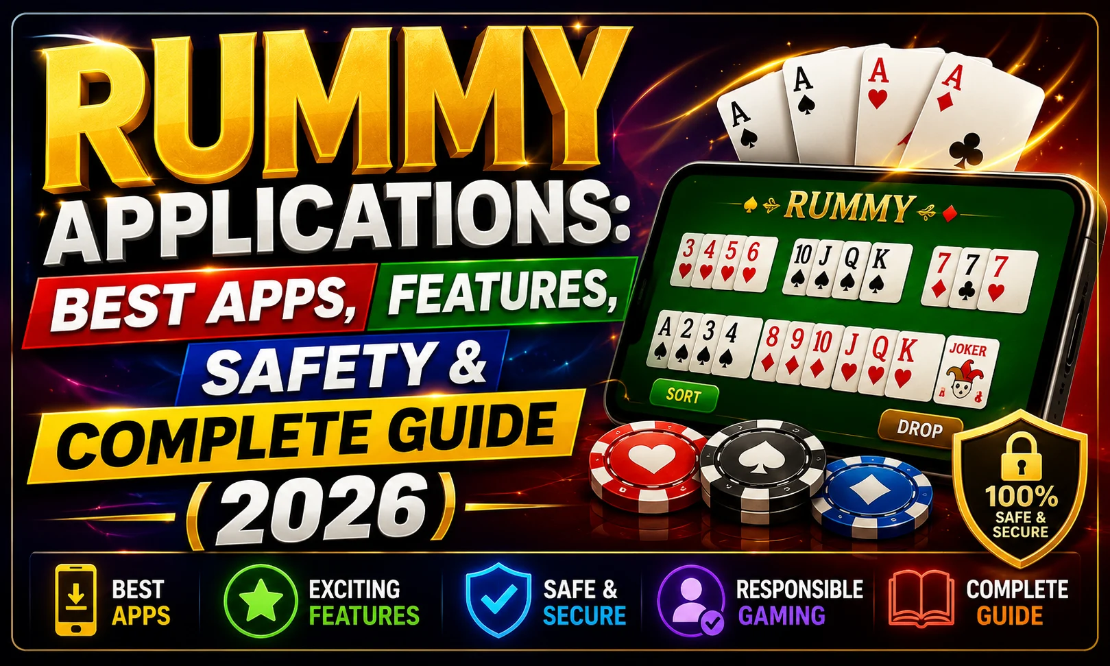 Rummy Applications: Best Apps, Features, Safety & Complete Guide (2026) promotional poster featuring premium 3D typography, smartphone displaying a rummy game, playing cards, casino chips, security shield, and colorful feature icons.