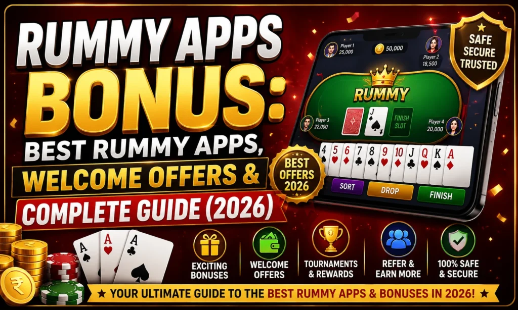 Rummy Apps Bonus promotional banner featuring the best rummy apps, welcome offers, rewards, tournaments, referral bonuses, secure gameplay, and a complete guide for 2026 with playing cards, mobile gaming interface, and casino-themed graphics.