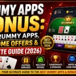 Rummy Apps Bonus promotional banner featuring the best rummy apps, welcome offers, rewards, tournaments, referral bonuses, secure gameplay, and a complete guide for 2026 with playing cards, mobile gaming interface, and casino-themed graphics.