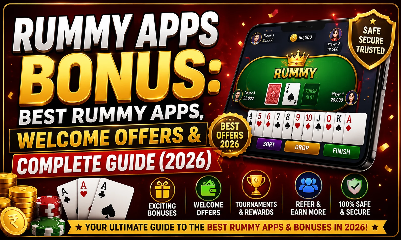 Rummy Apps Bonus promotional banner featuring the best rummy apps, welcome offers, rewards, tournaments, referral bonuses, secure gameplay, and a complete guide for 2026 with playing cards, mobile gaming interface, and casino-themed graphics.