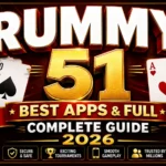RUMMY 51: BEST APPS & FULL COMPLETE GUIDE 2026 premium promotional poster featuring bold 3D typography, golden "51" text, premium playing cards, luxury red and gold background, secure gameplay icons, tournament highlights, and a modern online rummy theme.