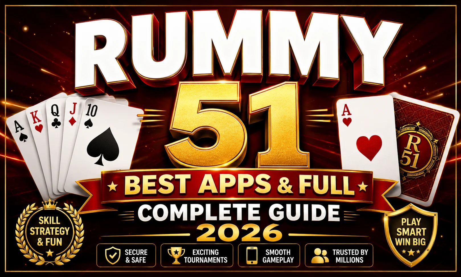 RUMMY 51: BEST APPS & FULL COMPLETE GUIDE 2026 premium promotional poster featuring bold 3D typography, golden "51" text, premium playing cards, luxury red and gold background, secure gameplay icons, tournament highlights, and a modern online rummy theme.