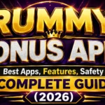 RUMMY BONUS APPS: Best Apps, Features, Safety & Complete Guide (2026) promotional poster featuring bold 3D gold typography on a premium purple background with playing cards, a crown, and a modern gaming-themed design, highlighting a complete guide for rummy bonus apps in 2026.