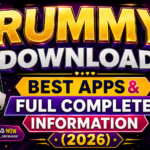 RUMMY DOWNLOAD: Best Apps & Full Complete Information (2026) promotional banner featuring bold 3D gold and silver typography on a premium purple background with a smartphone, playing cards, and security-themed icons, highlighting a complete guide to downloading the best rummy apps in 2026.