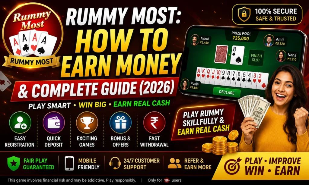 High-quality Rummy Most promotional poster featuring the Rummy Most logo, online rummy game interface, cash rewards, secure gaming, fast withdrawal, bonus offers, and the title "Rummy Most: How To Earn Money & Complete Guide (2026).