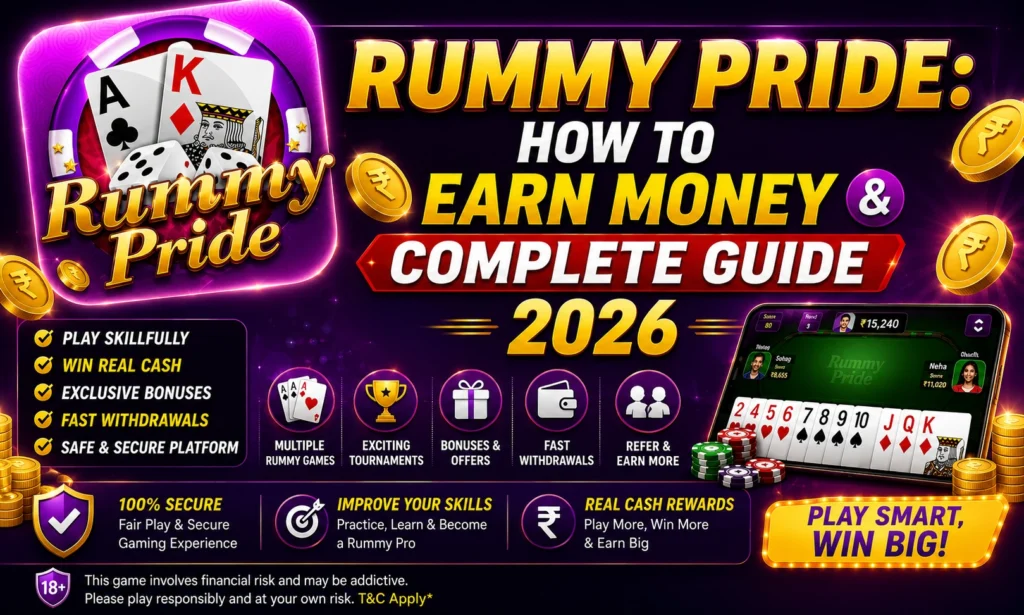 Rummy Pride: How To Earn Money & Complete Guide 2026 promotional banner featuring the Rummy Pride logo, online rummy gameplay, cash rewards, tournaments, bonuses, secure platform, and skill-based gaming.