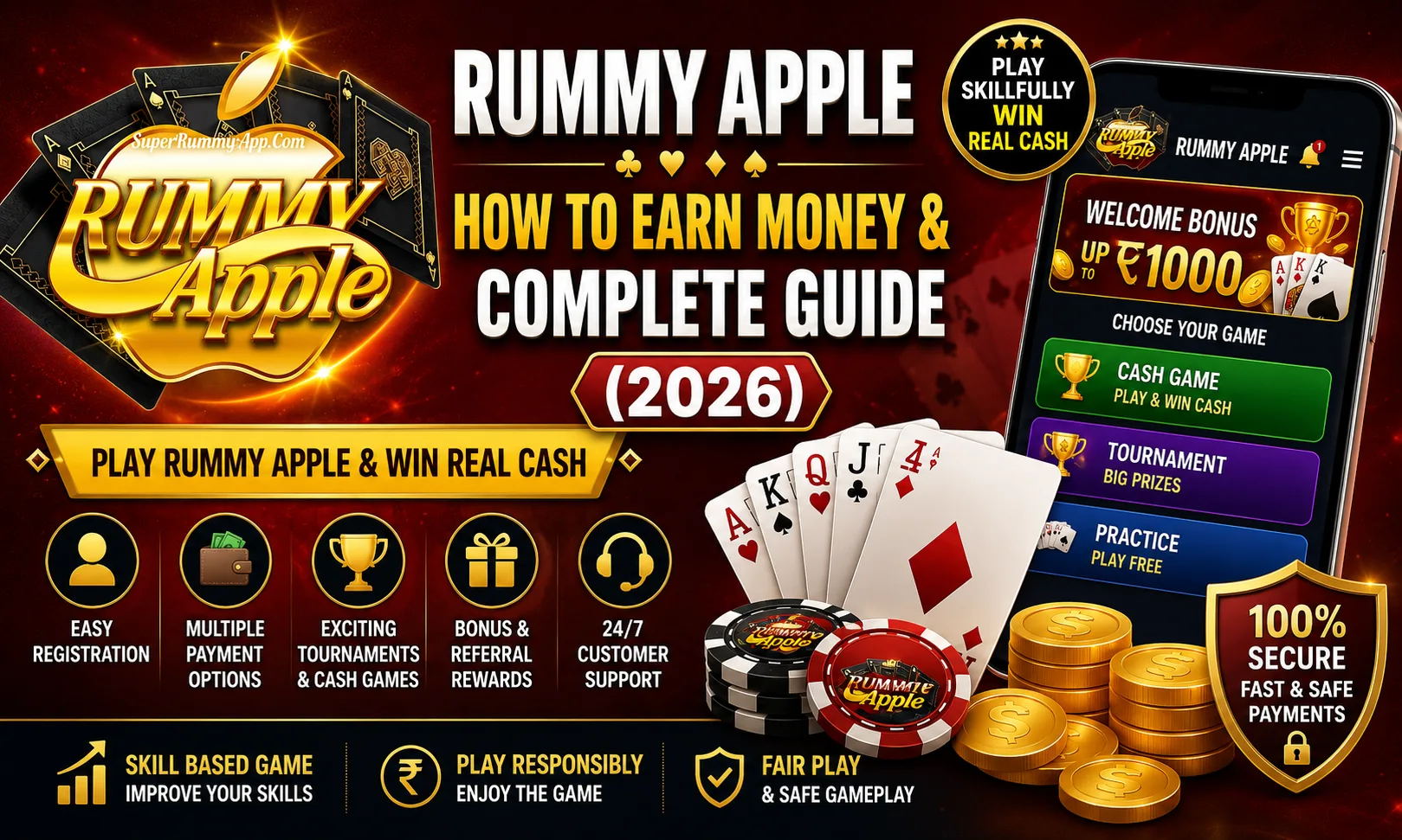 Rummy Apple: How To Earn Money & Complete Guide (2026) promotional banner featuring the Rummy Apple logo, welcome bonus up to ₹1000, online rummy gameplay, cash games, tournaments, referral rewards, secure payments, and skill-based gaming.