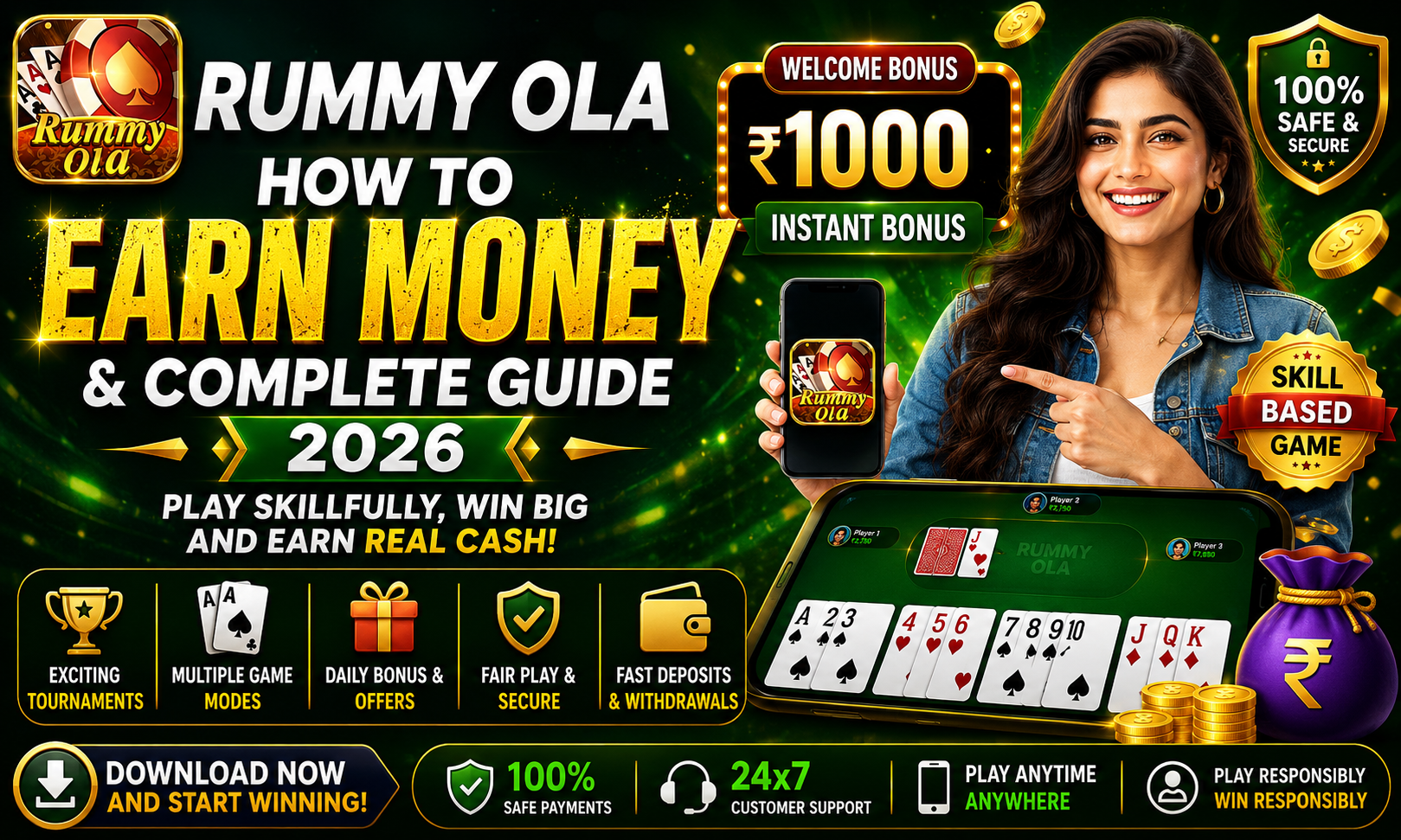 Rummy Ola: How To Earn Money & Complete Guide 2026 promotional poster featuring the official Rummy Ola logo, ₹1000 welcome bonus, skill-based online rummy gameplay, secure payments, tournaments, and real cash earning guide.