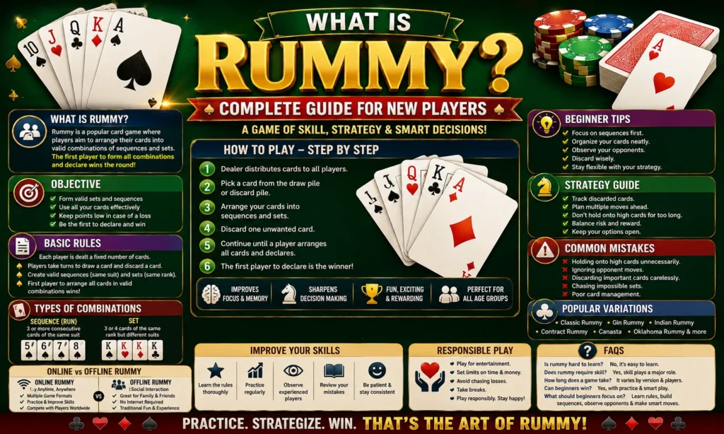 High-quality infographic explaining what Rummy is, including its basic rules, objectives, gameplay steps, card combinations, beginner tips, winning strategies, common mistakes, popular variations, and responsible play for new players.