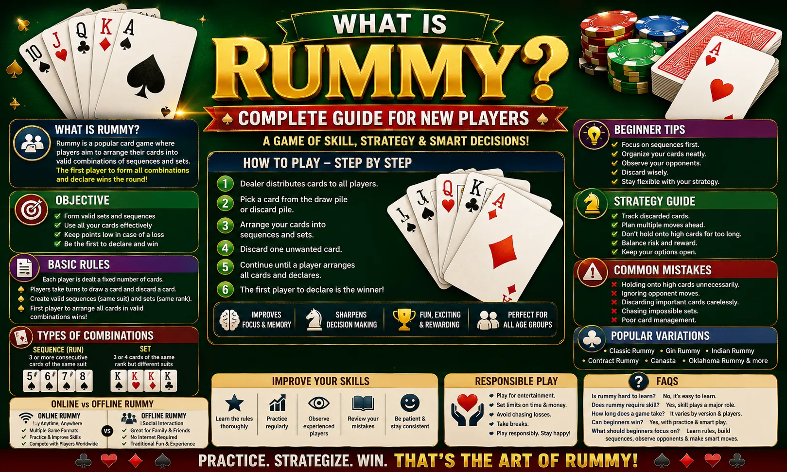 High-quality infographic explaining what Rummy is, including its basic rules, objectives, gameplay steps, card combinations, beginner tips, winning strategies, common mistakes, popular variations, and responsible play for new players.