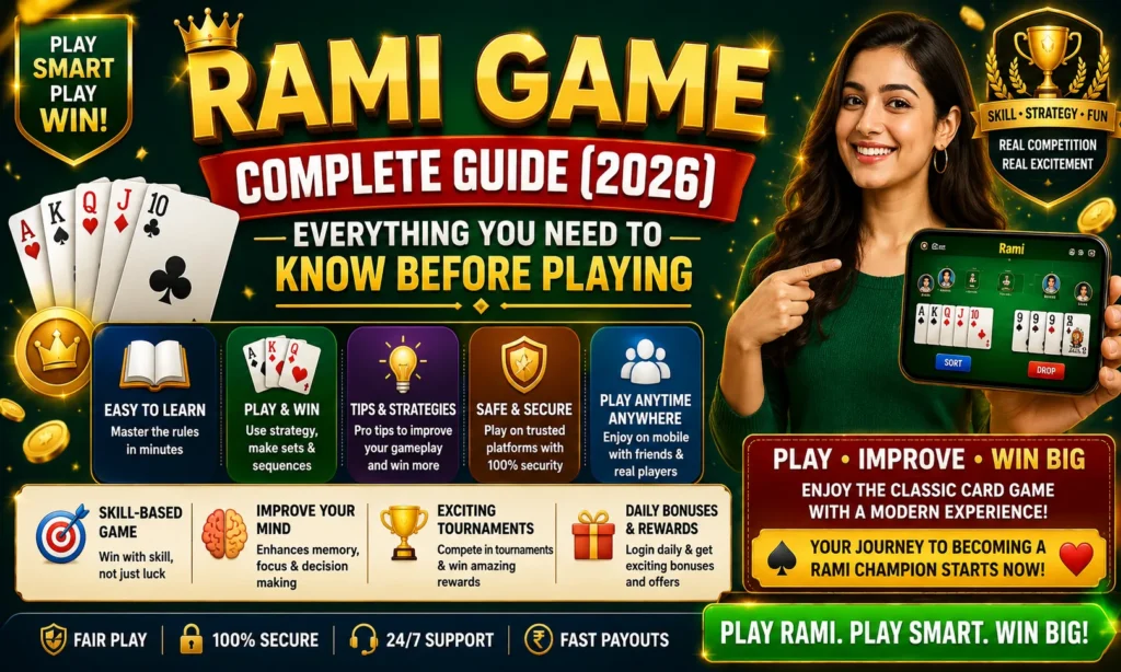 Colorful Rami Game Complete Guide (2026) poster featuring playing cards, a mobile Rami game interface, strategy highlights, gameplay tips, secure online play, and beginner-friendly information.