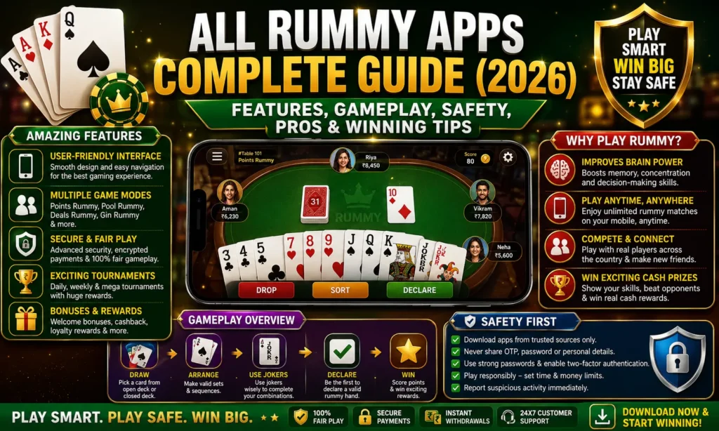 Illustration of the All Rummy Apps Complete Guide (2026) featuring rummy gameplay, app features, safety tips, winning strategies, multiplayer modes, tournaments, and responsible gaming information.