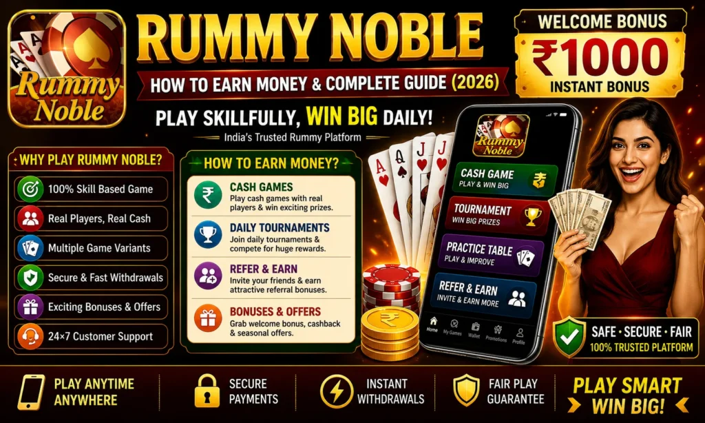 Rummy Noble: How To Earn Money & Complete Guide (2026) promotional poster featuring the official Rummy Noble logo, ₹1000 welcome bonus, cash games, daily tournaments, referral rewards, secure withdrawals, mobile gaming interface, playing cards, coins, and a player celebrating winnings.