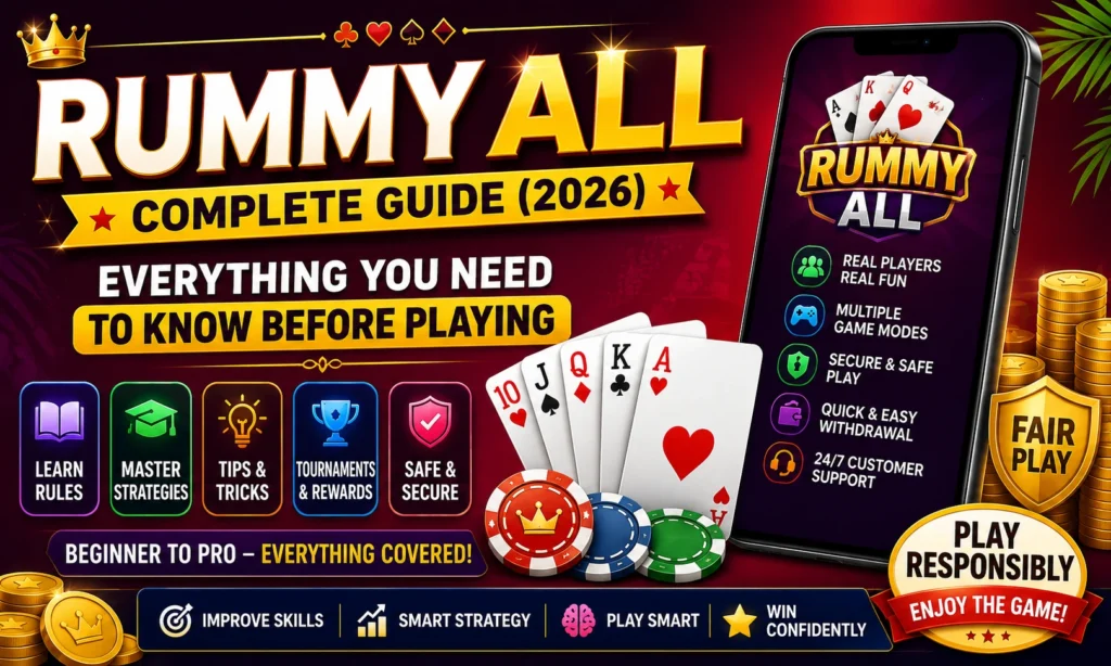 Rummy All Complete Guide (2026) poster featuring playing cards, poker chips, smartphone mockup, security icons, strategy tips, beginner guide, responsible gaming message, and Indian Rummy information.