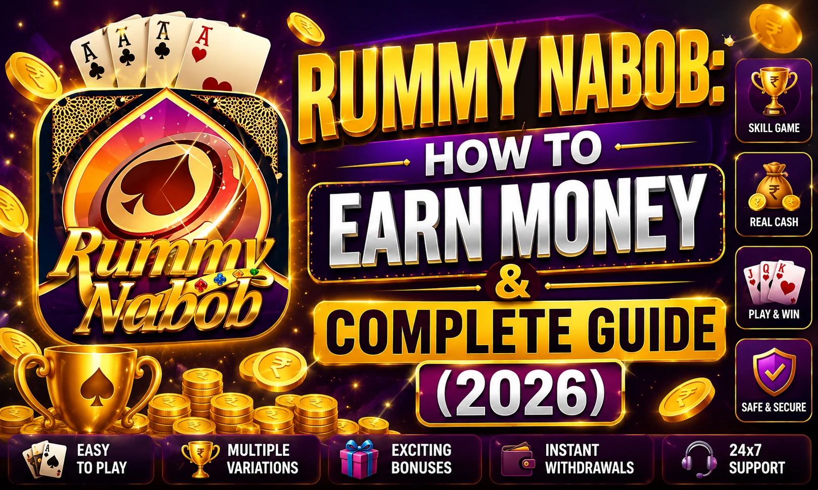 Rummy Nabob: How To Earn Money & Complete Guide (2026) promotional banner featuring the Rummy Nabob logo, golden 3D typography, playing cards, gold coins, trophy, and premium purple background highlighting skill-based gameplay, complete guide, and responsible gaming.