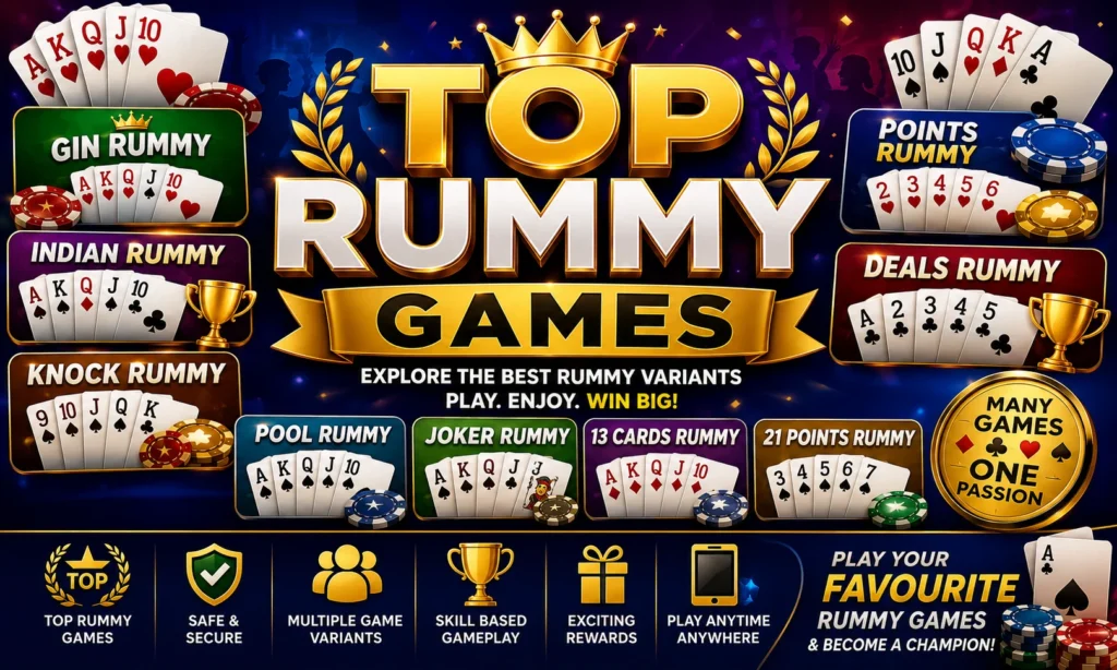 Top Rummy Games 2026 poster showcasing popular rummy variants including Indian Rummy, Gin Rummy, Pool Rummy, Deals Rummy, Points Rummy, Joker Rummy, Knock Rummy, 13 Cards Rummy, and 21 Points Rummy with premium gold typography, playing cards, poker chips, trophies, and a modern gaming-themed background.