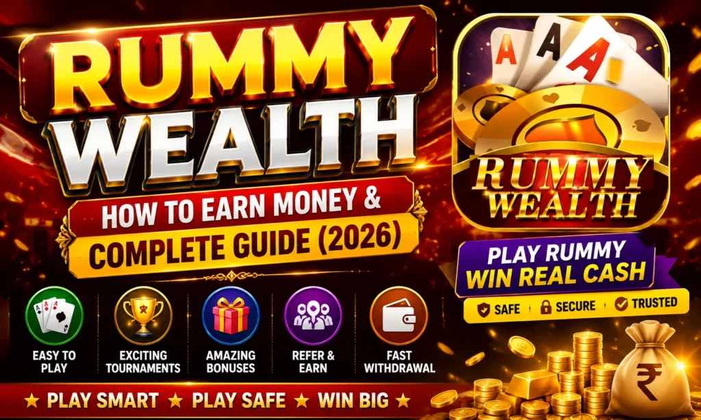 Rummy Wealth: How To Earn Money & Complete Guide (2026) promotional poster featuring the Rummy Wealth logo, gold coins, cash rewards, secure gaming icons, tournaments, bonuses, fast withdrawals, and responsible online rummy gameplay.