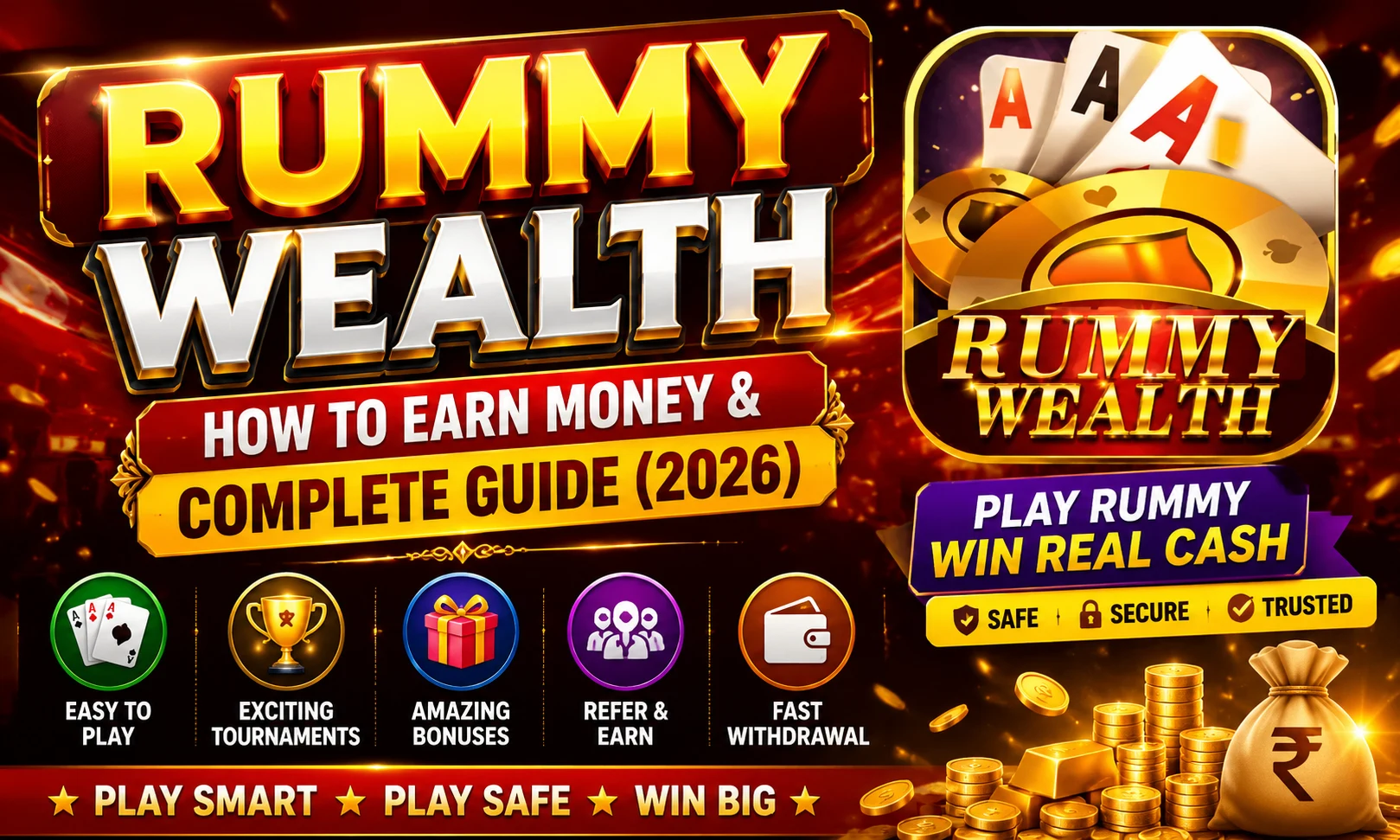 Rummy Wealth: How To Earn Money & Complete Guide (2026) promotional poster featuring the Rummy Wealth logo, gold coins, cash rewards, secure gaming icons, tournaments, bonuses, fast withdrawals, and responsible online rummy gameplay.