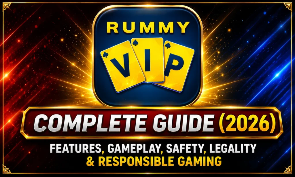 Rummy VIP Complete Guide (2026) poster featuring the official Rummy VIP logo with the headline "Complete Guide (2026)" and the subtitle "Features, Gameplay, Safety, Legality & Responsible Gaming" on a premium blue and gold background.