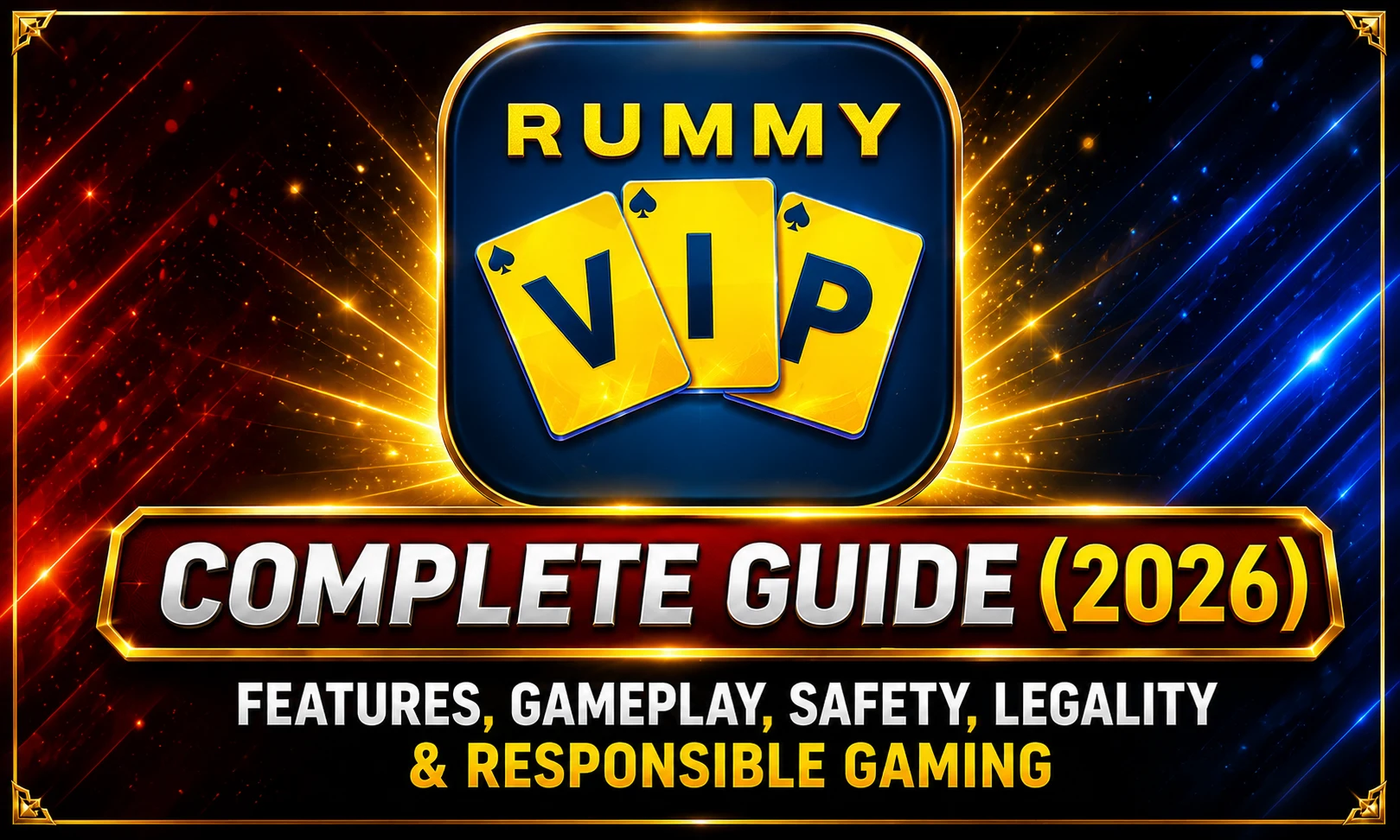 Rummy VIP Complete Guide (2026) poster featuring the official Rummy VIP logo with the headline "Complete Guide (2026)" and the subtitle "Features, Gameplay, Safety, Legality & Responsible Gaming" on a premium blue and gold background.