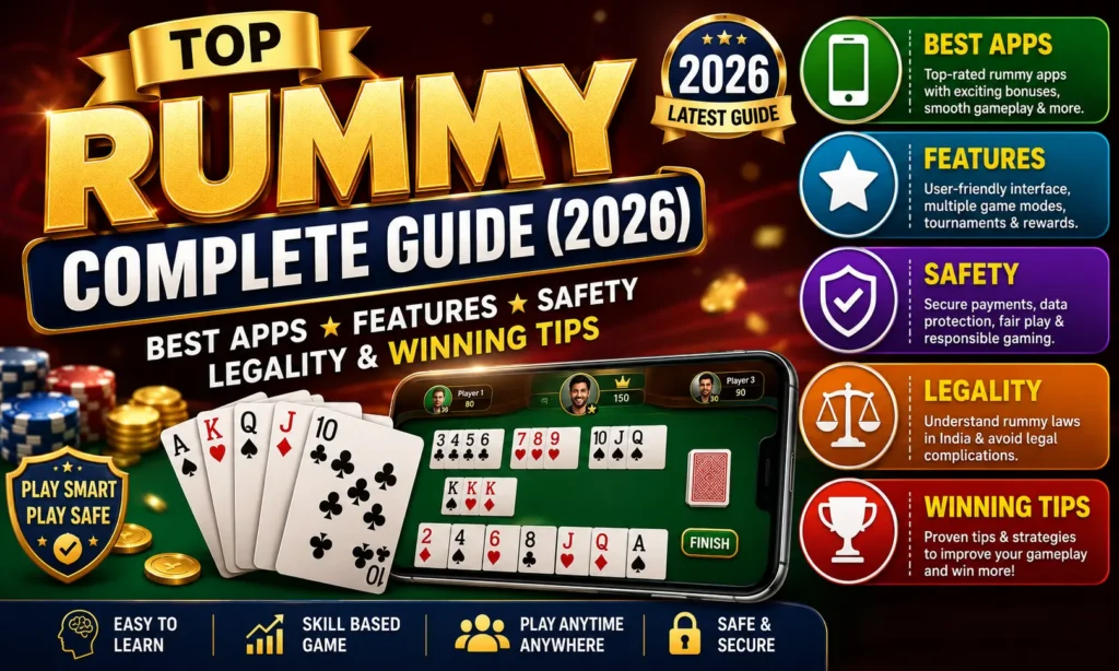 Top Rummy Complete Guide (2026) promotional thumbnail featuring playing cards, a smartphone displaying an online rummy game, gaming chips, and highlighted sections for Best Apps, Features, Safety, Legality, and Winning Tips in a vibrant red, gold, and green design.