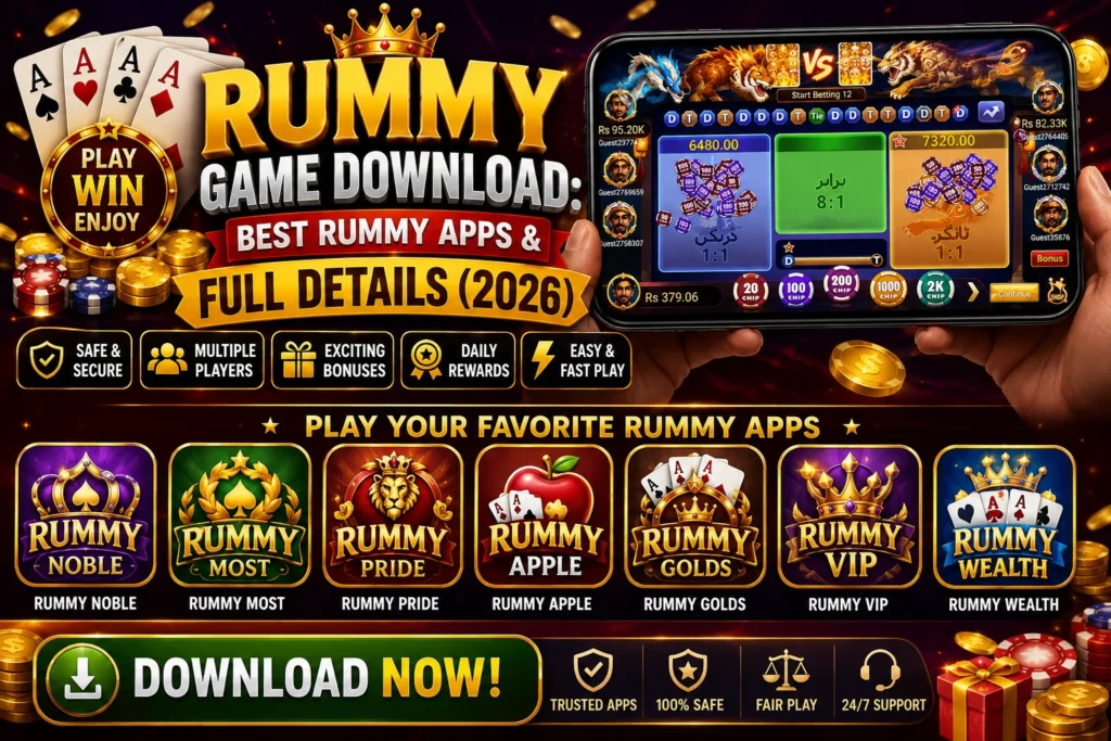 Rummy Game Download promotional banner featuring multiple rummy apps including Rummy Noble, Rummy Most, Rummy Pride, Rummy Apple, Rummy Golds, Rummy VIP, and Rummy Wealth with a mobile gaming screen, playing cards, casino chips, gold coins, and Download Now button highlighting the best rummy apps and full details for 2026.