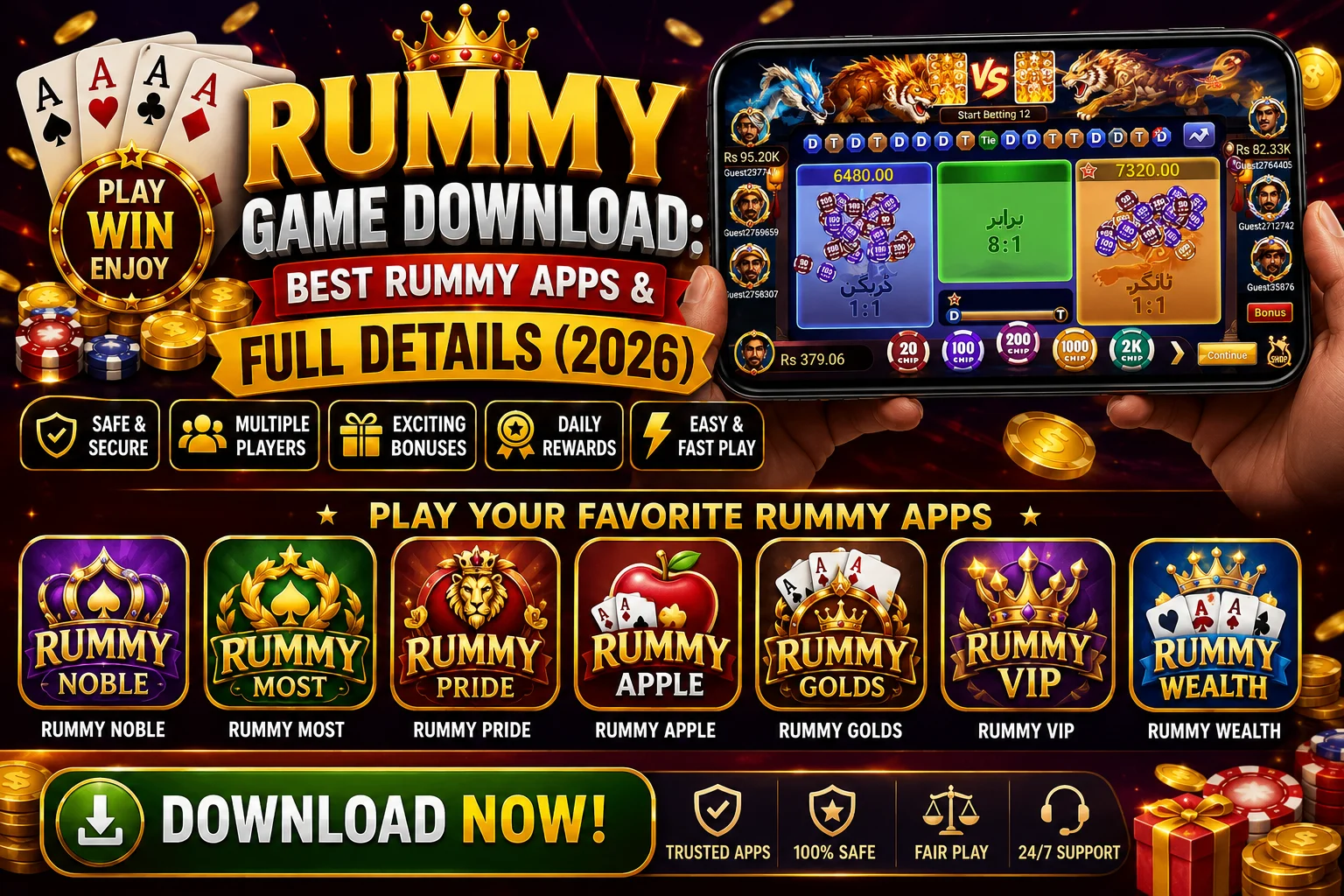 Rummy Game Download promotional banner featuring multiple rummy apps including Rummy Noble, Rummy Most, Rummy Pride, Rummy Apple, Rummy Golds, Rummy VIP, and Rummy Wealth with a mobile gaming screen, playing cards, casino chips, gold coins, and Download Now button highlighting the best rummy apps and full details for 2026.