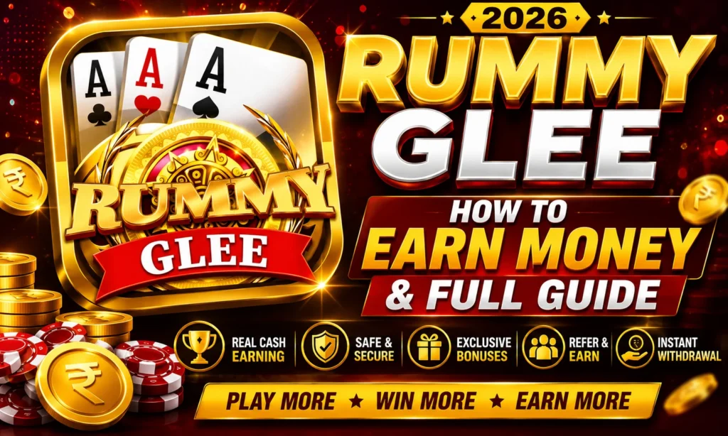 RUMMY GLEE promotional poster featuring the official app logo, playing cards, gold coins, poker chips, and the text "How To Earn Money & Full Guide 2026" on a premium red and gold background.