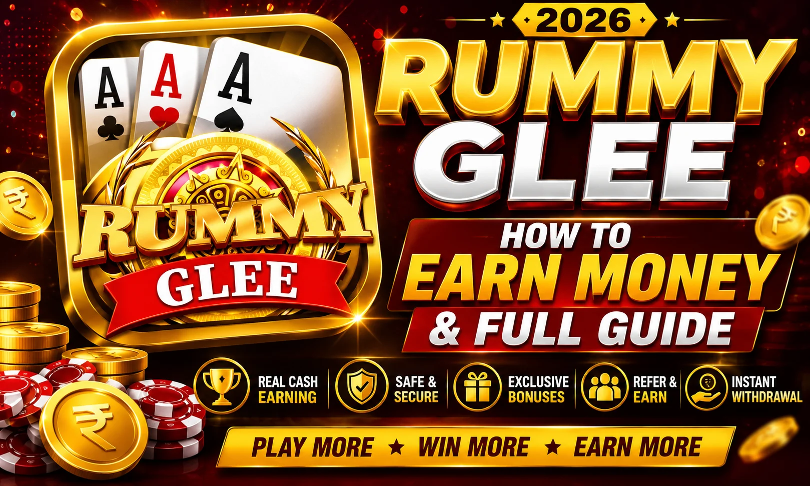 RUMMY GLEE promotional poster featuring the official app logo, playing cards, gold coins, poker chips, and the text "How To Earn Money & Full Guide 2026" on a premium red and gold background.