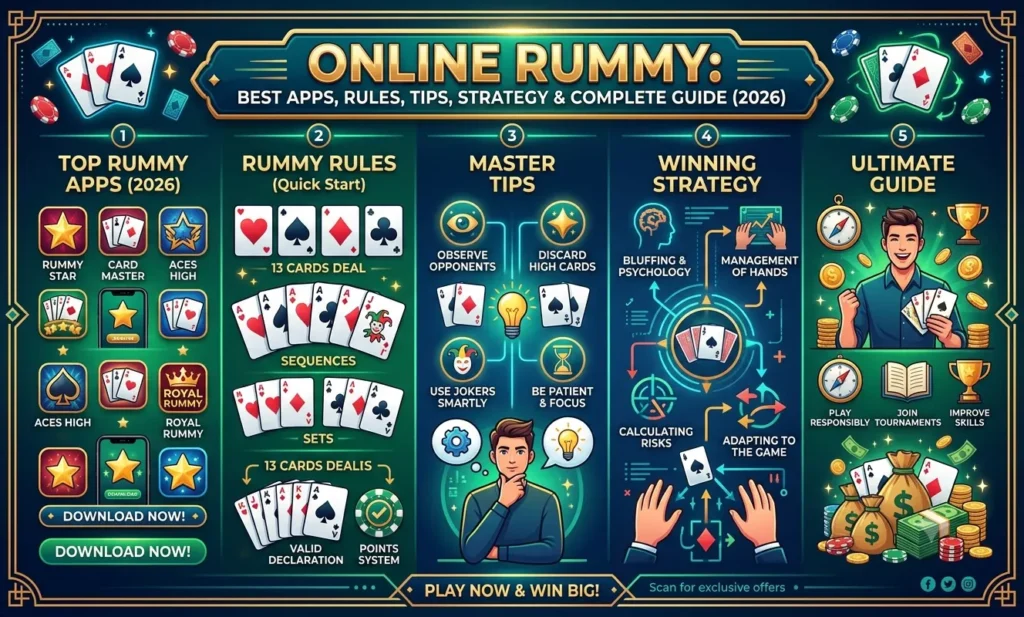 Colorful Online Rummy infographic showcasing the best rummy apps of 2026, quick rummy rules, expert tips, winning strategies, valid sequences and sets, responsible gaming, tournaments, and a complete beginner-to-advanced guide with playing cards, poker chips, trophies, and cash-themed illustrations.
