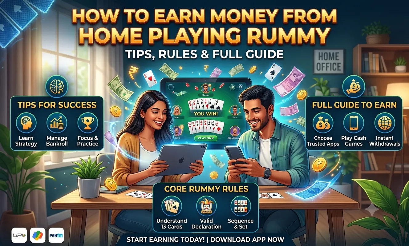 Illustration of two people playing online rummy from home on mobile and tablet, highlighting rummy rules, strategy tips, cash games, secure payment options, and responsible gameplay in a modern home office setting.