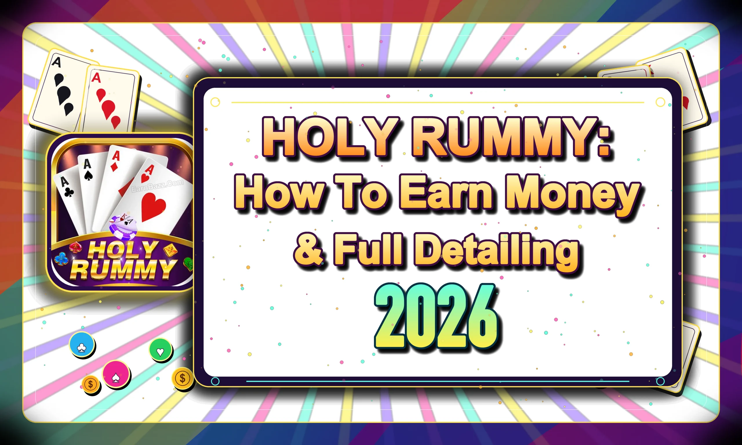 Colorful HOLY RUMMY promotional poster featuring the Holy Rummy app logo, playing cards, and the headline "HOLY RUMMY: How To Earn Money & Full Detailing 2026" with a vibrant gaming-themed background.