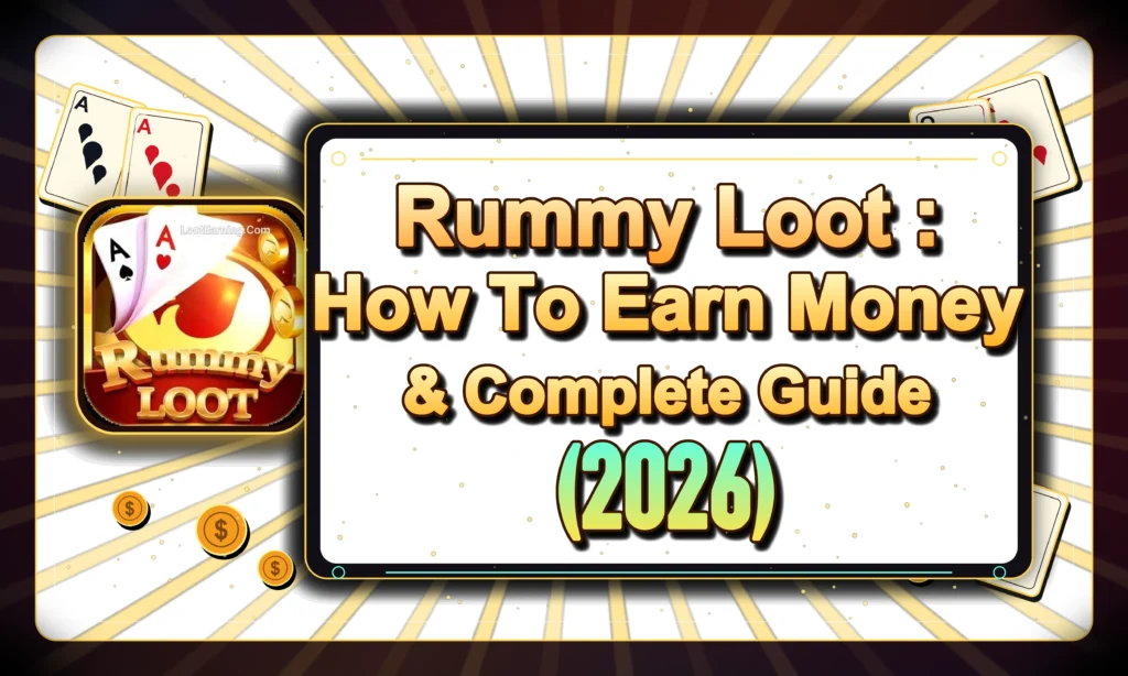 Rummy Loot featured image showing the app logo with the text "Rummy Loot: How To Earn Money & Complete Guide (2026)" alongside playing cards and gold coin graphics.
