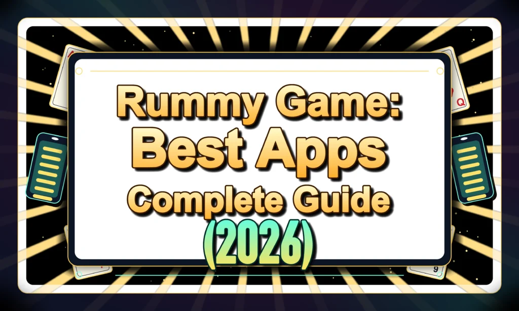 Colorful promotional poster featuring the text "Rummy Game: Best Apps Complete Guide (2026)" with playing cards, smartphones, and a premium black and gold background representing online rummy gaming apps.